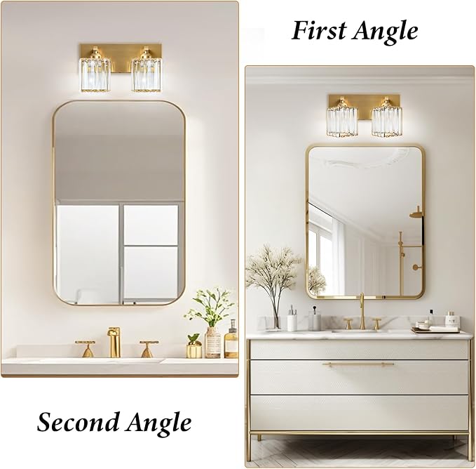 Gold Crystal Bathroom Vanity Light, 2-Light Modern Bathroom Lighting Fixtures Over Mirror,Chrome Wall Sconce Light Fixtures with Square Shade