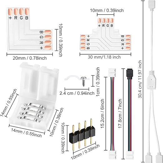 Honoson 5050 4 Pin RGB 10mm LED Strip Connector Kit RGB Extension Cable, LED Strip Jumper, 2 Way RGB Splitter Cable, L, T, Gapless, 4 Pin Male Connectors with Clips