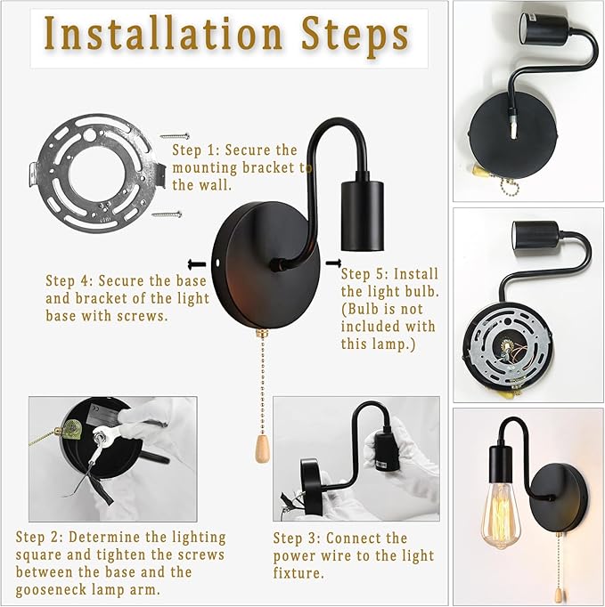 Pull Chain Wall Light Fixture 1-Light Wall Sconce with On Off Switch Hardwired Black Wall Sconces Indoor Vintage Industrial E26 Wall Lighting for Bedroom Hallway Bathroom, Bulb not Included
