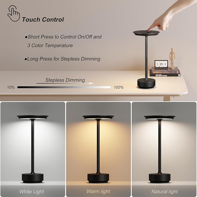 TBBGA 1 Pack Rechargeable Table Lamps Cordless, 5000mAh Outdoor Table Light | 3 Color Stepless Dimming Portable LED Table Lamp with Memory Function, for Home/Dinner/Patio/Restaurant.(Diamond Black)