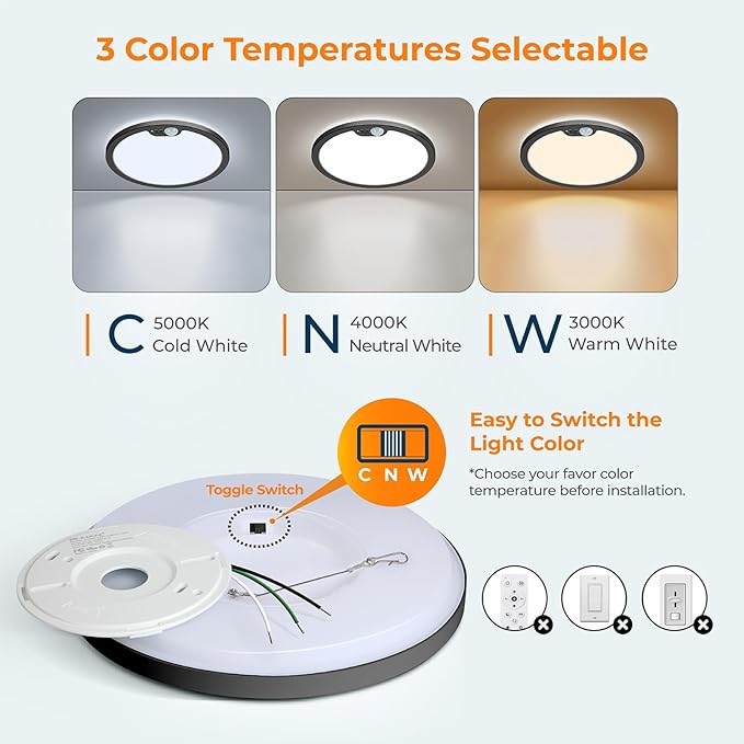 BLNAN Motion Sensor Ceiling Light Wired, 8.7 Inch 3000K 4000K 5000K Selectable LED Flush Mount Light Fixture, Motion Activated Light with Timer for Hallway Stair Walk-in Closet, Black Frame, 4 Pack