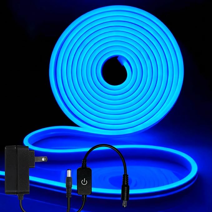 iNextStation Blue LED Light Strip 16.4FT Neon Rope Lights (with DC12V Plug) | IP65 Waterproof Flexible Silicone LED Lights with Dimmer, 0.98Inch Cuttable LED Lights Strip for DIY, Bedroom, Party Decor