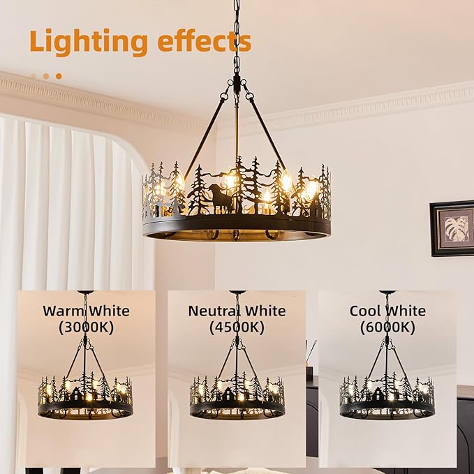9-Light Rustic Farmhouse Chandelier, Black Wagon Wheel Pendant Light Fixture 23.6” Round Vintage Bear Chandelier for Dining Room Living Room Kitchen