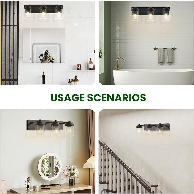 Bathroom Vanity Light, 3-Light Modern Black Vanity Light Fixtures with Clear Glass Shade, 22in Matte Black Bathroom Light Fixtures Over Mirror, Rustic Restroom Lighting Fixtures