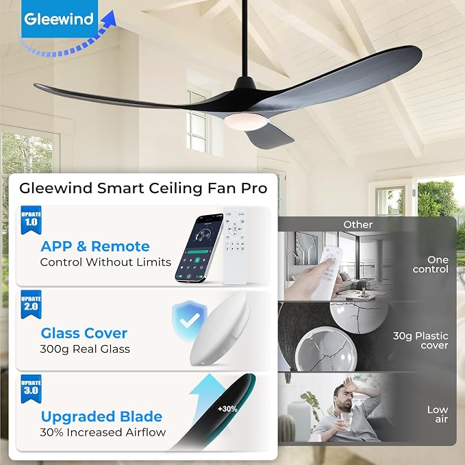 Outdoor Ceiling Fans with Lights-Glass Lamp, 60 inch Damp Rated Wood Propeller Blades for Patios & Porch, Smart APP and Remote Control, 3 Blades Dimmable LED Ceiling Fans, High CFM 6 Speed-Black