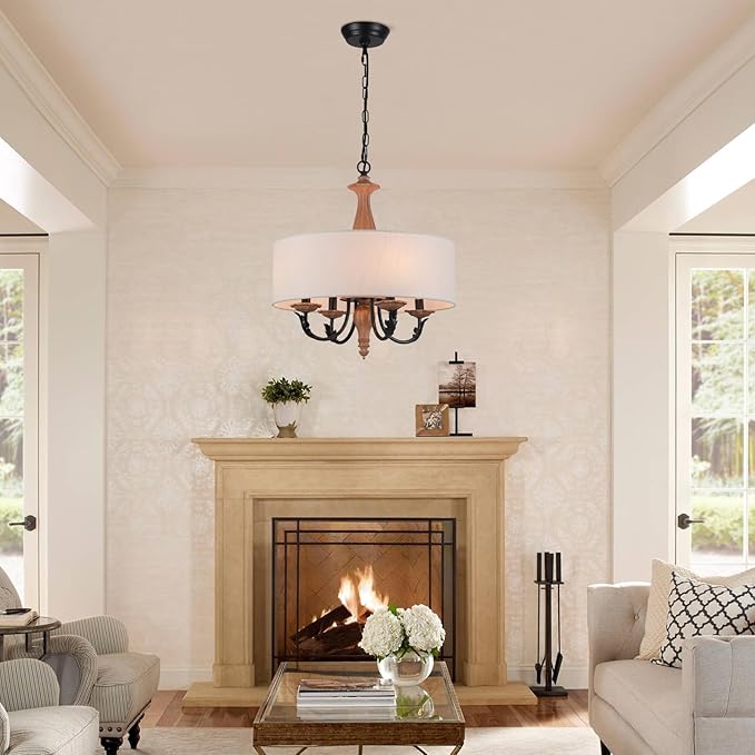 17.3" French Country Modern Drum Chandelier Light Fixture Mid Century Framhouse Chandelier with Linen Shade Vintage Distressed Wood Chandelier for Dining Room,Living Room,Kitchen,E12