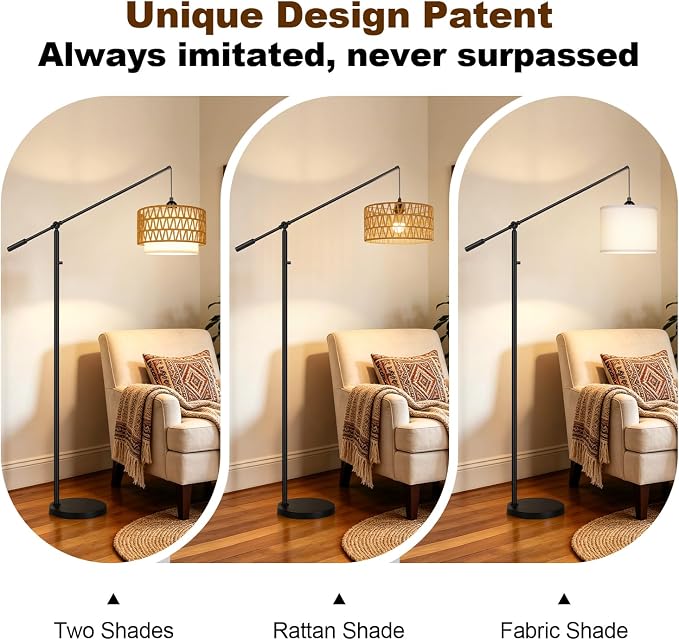 【Upgraded】Boho Arc Floor Lamp with Adjustable Swing Arm, Farmhouse Rustic Floor Lamp with Rattan & Fabric Shades, Rattan Standing Lamp with 11W Bulb, Tall Lamp for Living Room Bedroom Office, Black