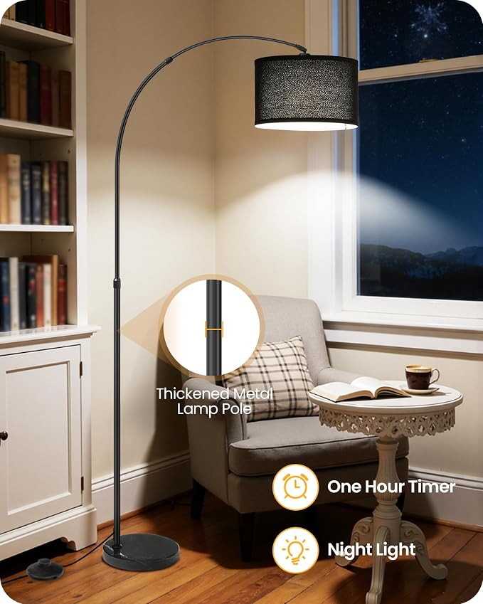 75" Arc Floor Lamp with Marble Base and Adjustable Height, Rotating Hanging Shade, Dimmable Floor Lamp for Living Room with Remote and Foot Switch, 3 Color Temperature, Black B15LD05