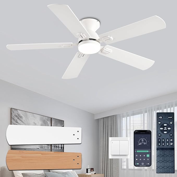 KNUN 52 inch Ceiling Fans with Lights, White Low Profile Ceiling Fan with Remote Control and App, Double-sided Fan Blades, 3CCT Dimmable LED, Noiseless, Flush Mount Ceiling Fan for Bedroom, Patio.