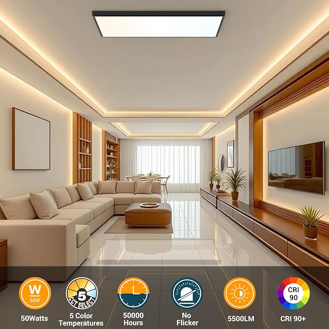 2'x4' 5500 Lumen 4 Pack LED Flat Panel, Flush Mount and Drop Ceiling 2 Way Installation,Black Trim 5 CCT, 3 Level Dim,CRI 90 for Home and Office (2x4 Feet)