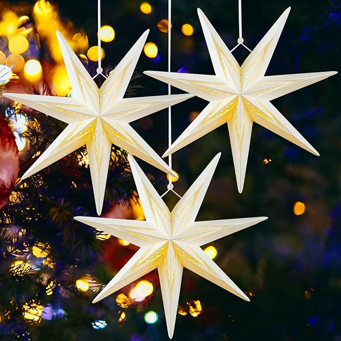SUNBEAUTY 7-Pointed 12Inch Hollow Out Paper Star Lanterns White Christmas Lanterns Hanging Lamp Paper Decorations Shade Wedding Birthday Christmas Home Party Decorations