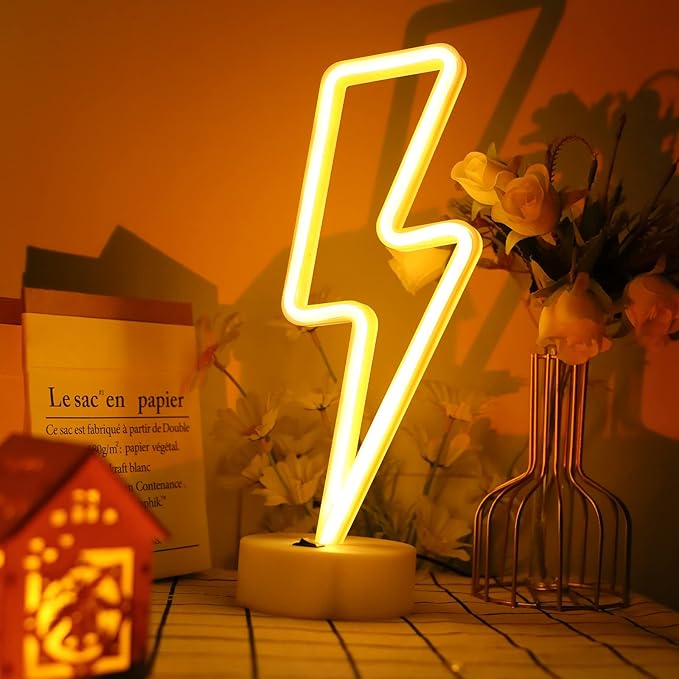 ENUOLI Lightning Neon Signs Warm White Decoration Art LED Lightning Neon Lights with Base Indoor for Living Room Office Christmas Wedding Party Bolt Battery Operated and USB Powered Night Lights