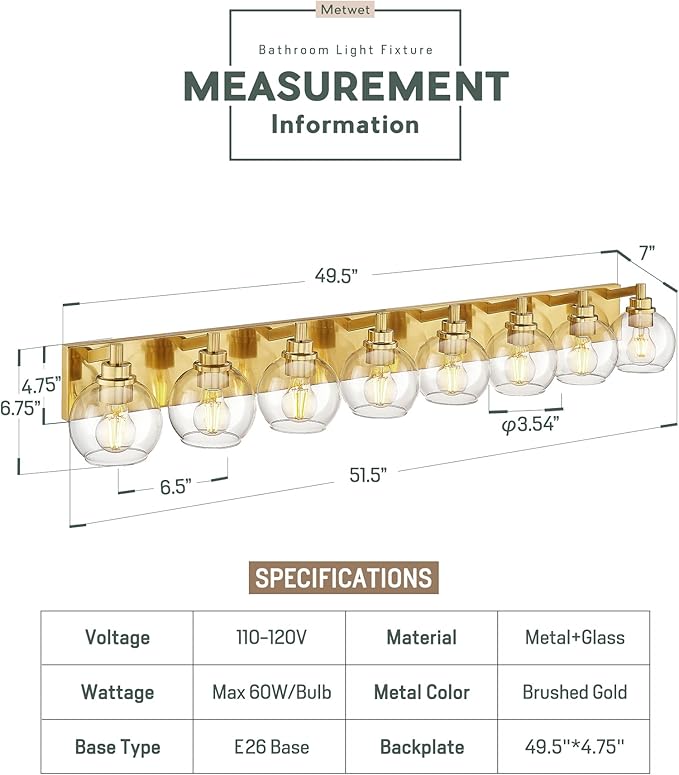 Bathroom Light Fixtures, 8 Light Brushed Gold Vanity Light, 52 Inch Modern Wall Sconces with Globe Clear Glass Shade, Vanity Lighting Fixtures Over Mirror, VL195-BG-8