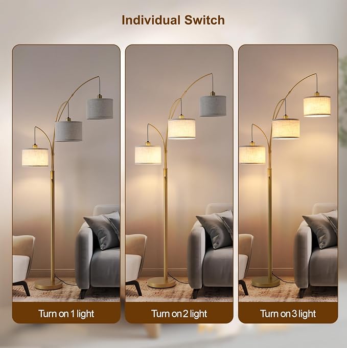 Dimmable Floor Lamp with Remote, Beige Shade Gold Pole | 2400LM Super Bright, Independently Controlled 9W LED Energy-Saving Light Bulb, 80" Tall Lamps for Living Room