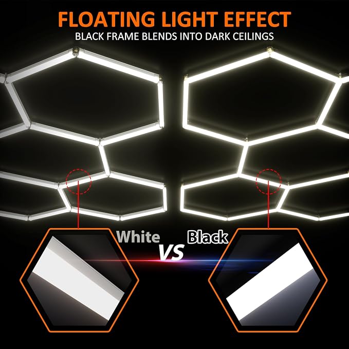 Black Hexagon Garage Lights 5 Hex, 6500K 20160 LM Super Bright Honeycomb LED Garage Ceiling Lights, Premium Car Detailing Lighting for Garage, Workshop, Gym, Barber Shop, Basement