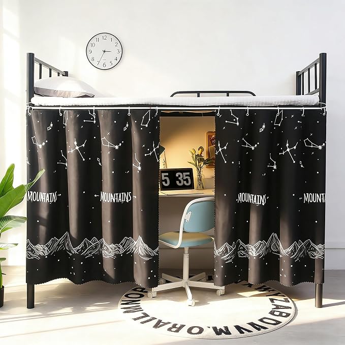 Dorm Blackout Privacy Bottom Bunk Bed Curtains - 2 Panels 78.7"x45.3", No Drill Installation for Twin Loft Beds, Light Blocking Under Bed Canopy with Hanging Hooks & Ropes