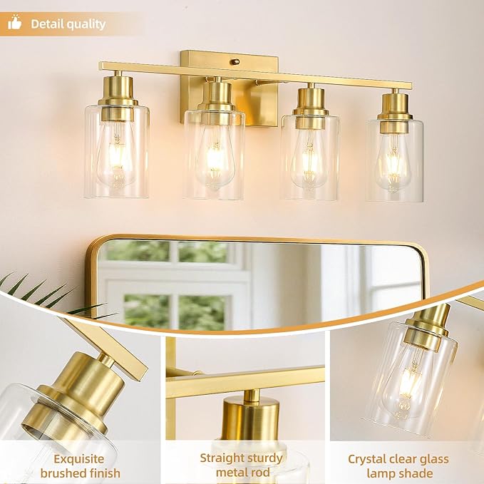 EMONG 4-Light Gold Bathroom Light Fixtures 23.6'' Brushed Gold Vanity Light Over Mirror with Clear Glass Shade Modern Wall Sconce Classic Wall Light Fixture for Hallway Porch Farmhouse Living Room