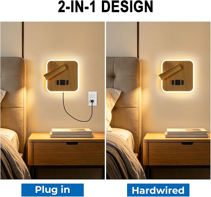Wall Mounted Reading Lights with Plug in Wall Sconce&Hardwired | Wall Lamp for Bedroom With USB C+A Ports, Bedside Reading Lamp with 9W Night Light, Wood Color Reading Light Adjustable Angle