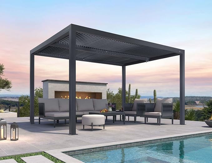 PURPLE LEAF Louvered Pergola 94AS 11' x 13' Aluminum Rainproof Gray | Built-In Rainproof Gutters Keep You Dry, Zero-Rust Aluminum Construction, Easy DIY Assembly, Multiple Size Options