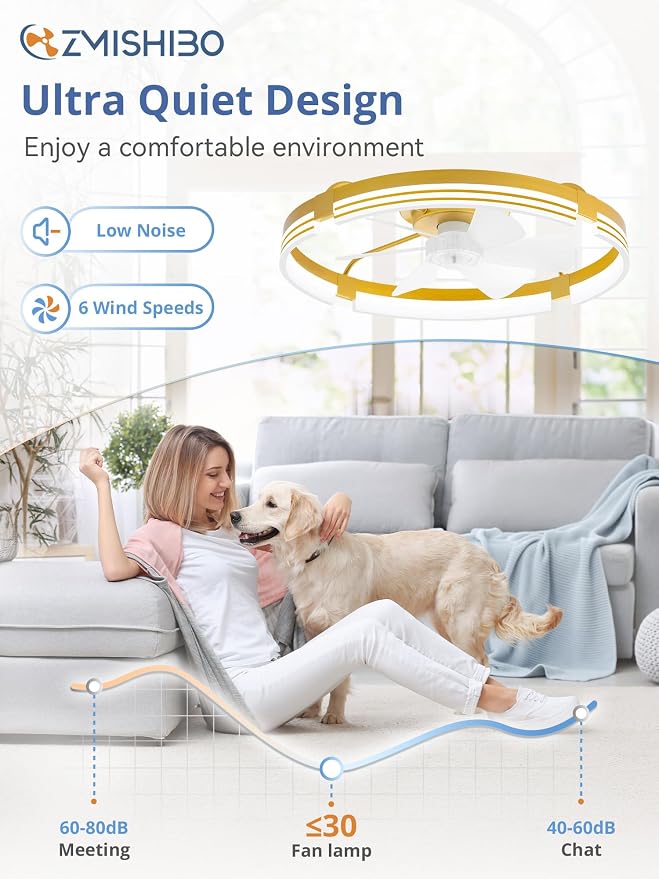 ZMISHIBO Low Profile Ceiling Fans with Lights and Remote, 24" Gold | 3000K-6000K Dimmable Fandelier LED, Flush Mount, 6 Wind Speeds, Reversible, Timer, Bedroom, Living Room, Kitchen, Kids Room