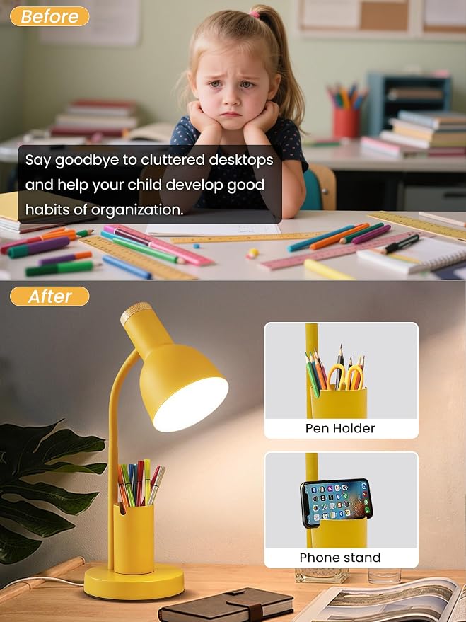 LED Desk Lamp for Home Office, Table Lamp with Pen Holder, 3 Color Modes Reading Light, Eye-Caring Desk Light with Gooseneck, Metal Study Lamp for Dorm Bedside Bedroom (Yellow lamp)