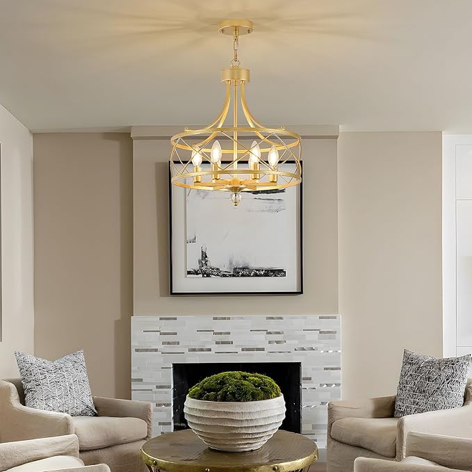 6-Light Chandelier,17.5in Gold Metal Farmhouse Lantern Pendant Light Fixture,Adjustable Hanging Ceiling Lamp,for Kitchen Island,Bedroom,Entryway,Dining Room