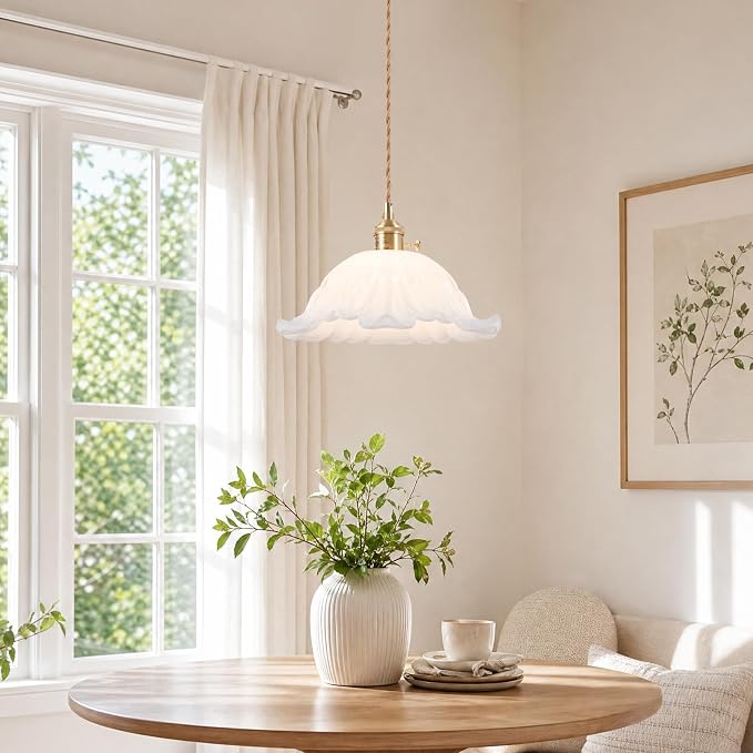 Plug in Pendant Light Fixtures,Hanging Light Fixture Corded On/Off Switch,11 inch E26 White Glass Lampshade Pendant Lighting for Kitchen Island, Bedroom, Dining Room