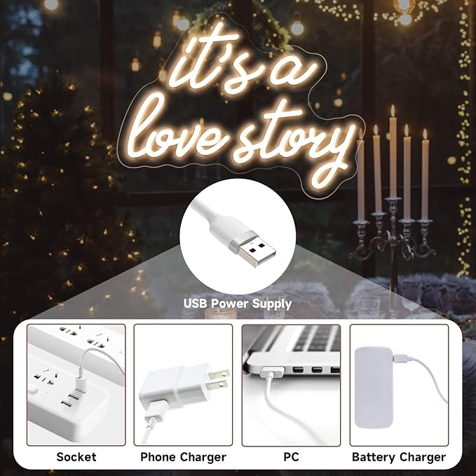 Its a Love Story Neon Sign, Warm White USB Led Light Up Signs for Bedroom Aesthetic Birthday Wedding Party Gift Boyfriend Girlfriend Lover Women Men Room Bathroom Decoration Gift, 15.7 x 11.8 Inch