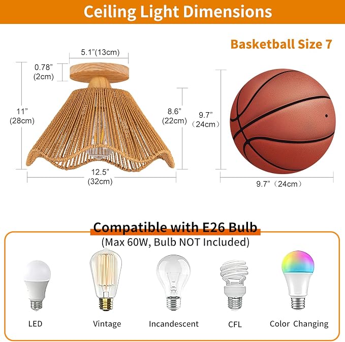 D12.5 Inch Boho Light Fixtures Ceiling Mount Boho Rattan Ceiling Light Flush Mount Mini Chandelier Bedroom Hallway Entryway Bathroom Nursery