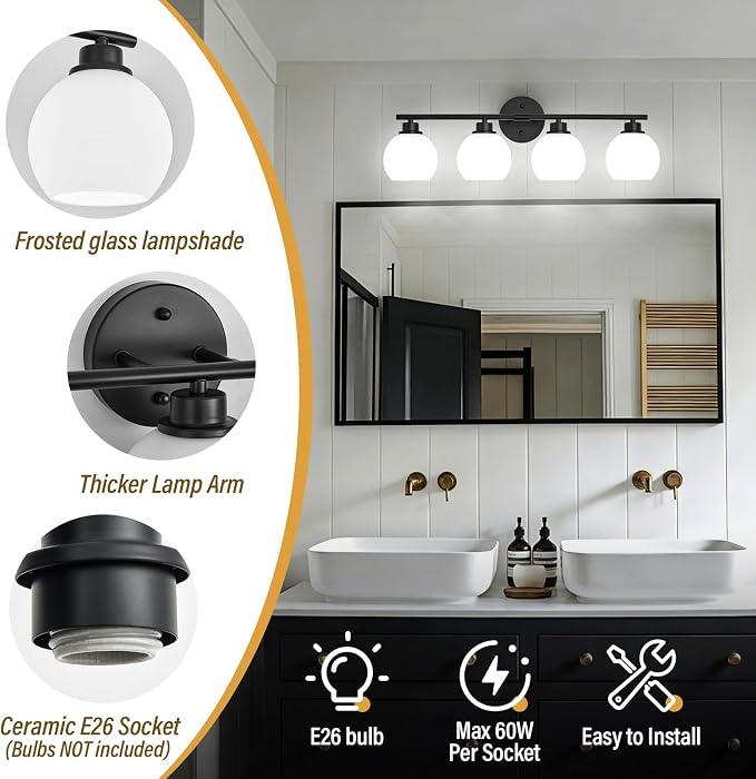Matte Black Bathroom Light Fixtures, 4-Light Vanity Light Over Mirror | Modern Bathroom Lighting Over Mirror, Wall Sconces, Milky White Globe Glass Shades, E26 Socket,ETL Listed