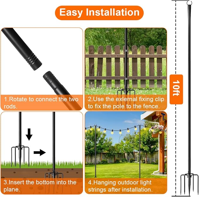6 Pack 9FT String Light Poles for Outdoor,Metal Lights Hanging Pole Outside with Fork,Light Stand for Patio, Pergola, Garden, Backyard, Yard, Camping Party