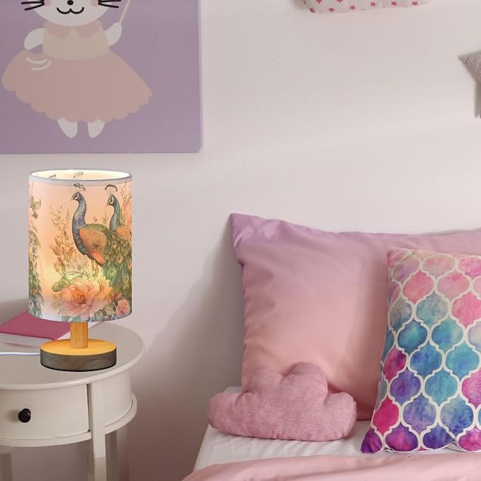 Fustylead Beautiful Peacocks and Flowers Bedside Table Lamps with USB Port for Bedroom Lamp Small Nightstand Lamp Sturdy Linen Shade Wooden Decorative Lamps for Living Room Home Dorm Kids