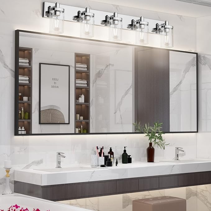 Aipsun Chrome Bathroom Light Fixtures 5 Light Bathroom Vanity Light Stainless Steel with Clear Glass Shade(Exclude Bulb)