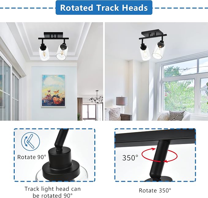 MELUCEE 2 Light Wall Scone Spotlight Semi Flush Mount Ceiling Light | 12.2 Inch Black Bathroom Lights Rotatable Track Lighting Kit for Hallway Porch Foyer Bath Storage, Clear Glass Shade