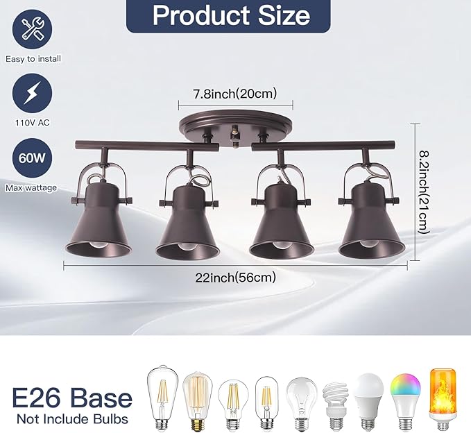 SEEBLEN 4-Light Brown Track Lighting Fixtures Ceiling, Directional Ceiling Spotlight with 4 Rotatable Heads, Modern Industrial Flush Mount Ceiling Light for Kitchen Island, Dining Room, Hallway