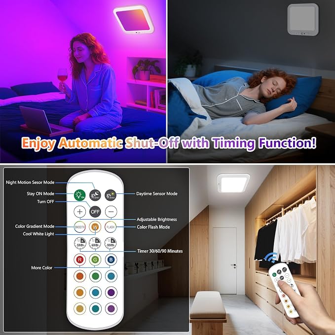 Rechargeable Motion Sensor Ceiling Light, Battery Closet Light 12 RGB Color | 8000mAh Wireless Battery Powered Shower Light Magnetic Mount, LED Cordless Stick On Overhead Ceiling Light for Pantry Hallway