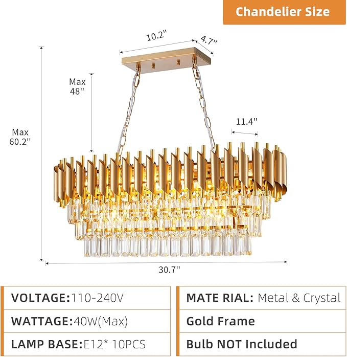 Modern Rectangular Chandelier Gold Crystal Chandeliers for Dining Room, 10-Light Pendant Light Fixture Oval Contemporary Ceiling Hanging Light for Kitchen