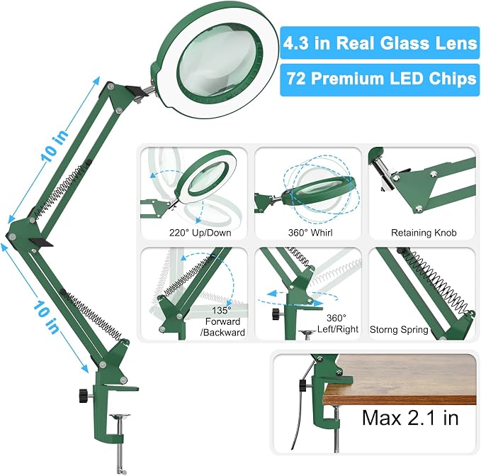 10X Magnifying Glass with Light and Clamp, Real Glass Stand Lighted Magnifier, 5 Color Modes Stepless Dimmable LED Desk Lamp Hands Free for Crafts Hobby Reading Painting Sewing Close Work - Green