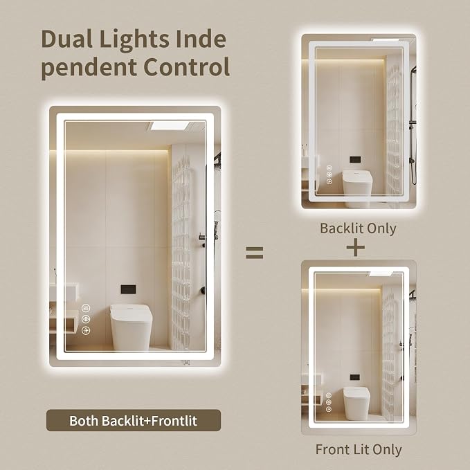 24"x36" LED Bathroom Mirror with Lights, Backlit + Front Lit, Anti-Fog, Lighted Bathroom Mirror for Wall, HD Shatterproof Tempered Glass, Dimmable, Memory Function (Horizontal/Vertical)
