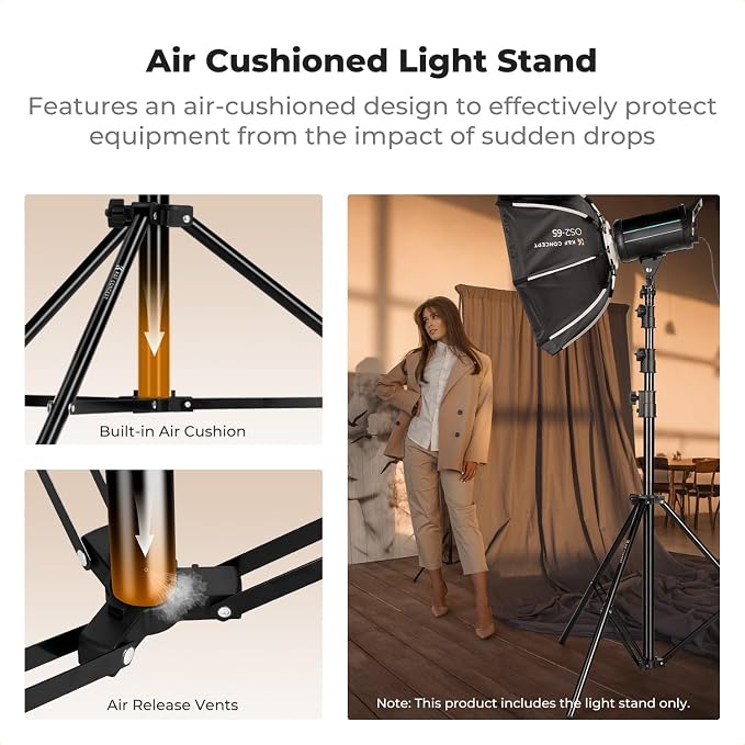 K&F CONCEPT Air Cushioned Light Stand, 53-157" Height, 1/4"-3/8" Adapter | 13.1ft Heavy Duty Photography Tripod Stand, Max Load 17.6 lbs, Sandbag Included for Studio Softbox COB Light, TL15