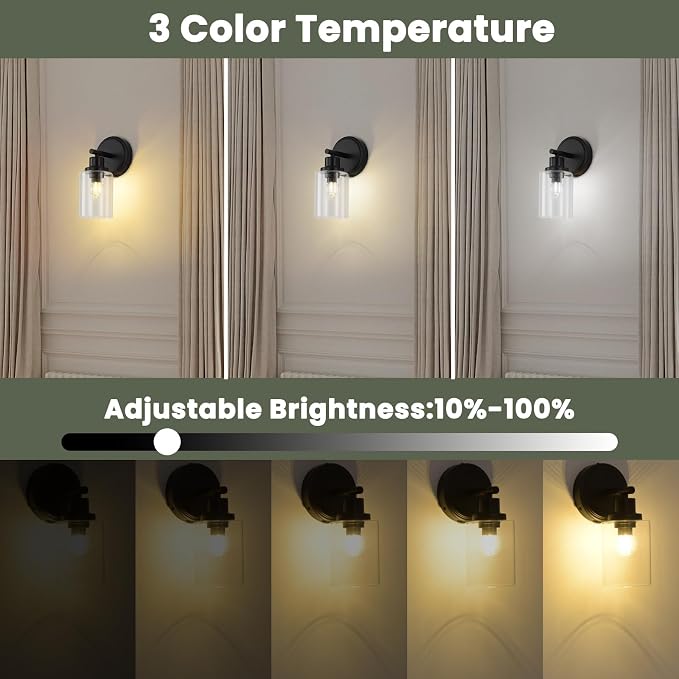 Black Rechargeable Wall Sconce Single, Bathroom Vanity Lights with Transparent glass Lampshade, Remote and Dimmable Bulb, Modern Farmhouse Lighting Fixtures for Bedrooms, Hallways, Living Room