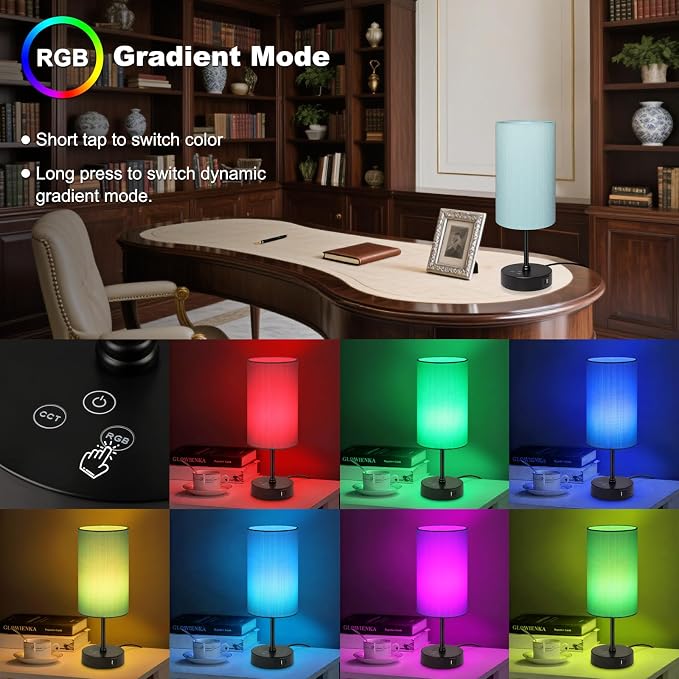 Table Lamp for Bedroom, 3 Color Temperatures, 7 RGB Colors, Adjustable Brightness, Dual USB Charging Ports, Ambience Nightstand Light with Blue Shade, Desk Lamp for Kids Reading Home Office