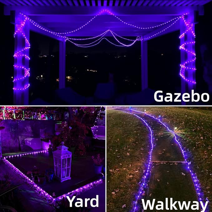 YEGUO Solar Rope Light Outdoor Waterproof, 66ft 200 LED Purple String Lights, 8 Modes Tube Christmas Lights in Clear Thin Tube