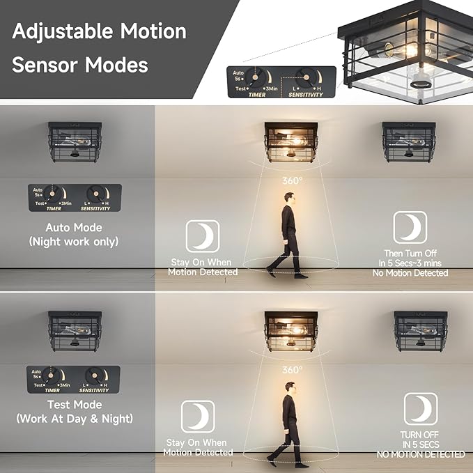 Yisuro Outdoor Ceiling Light with Motion Sensor, Dusk to Dawn Flush Mount Ceiling Light, Adjustable Timer & Sensitivity, Exterior Porch Light Fixture for Front Door, Patio, Garage, Square, Black