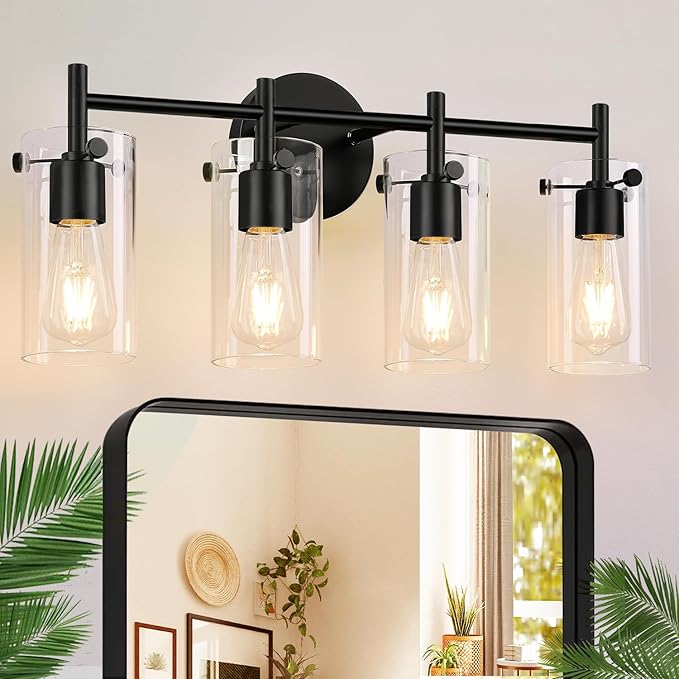 4-Light Matte Black Bathroom Vanity Light Fixtures, Clear Glass Shade Wall Sconces for Mirror, Bedroom, Living Room, Hallway