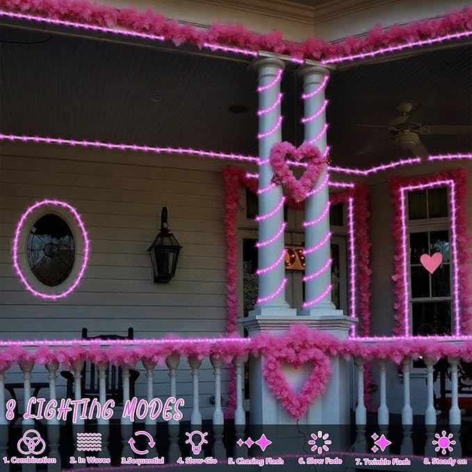 YEGUO Solar Rope Light Outdoor Waterproof, 66ft 200 LED Pink String Lights, 8 Modes Tube Christmas Lights in Clear Thin Tube