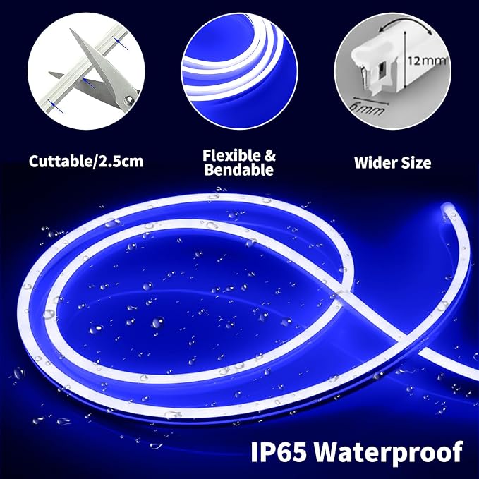 iNextStation 16.4FT 12V LED Strip Light Blue Neon LED Rope Lights (No Plug) | IP65 Waterproof Flexible Silicone Neon LED Lights Strip, 0.98Inch Cuttable LED Strips for DIY, Bedroom, Gaming Room TV Decor