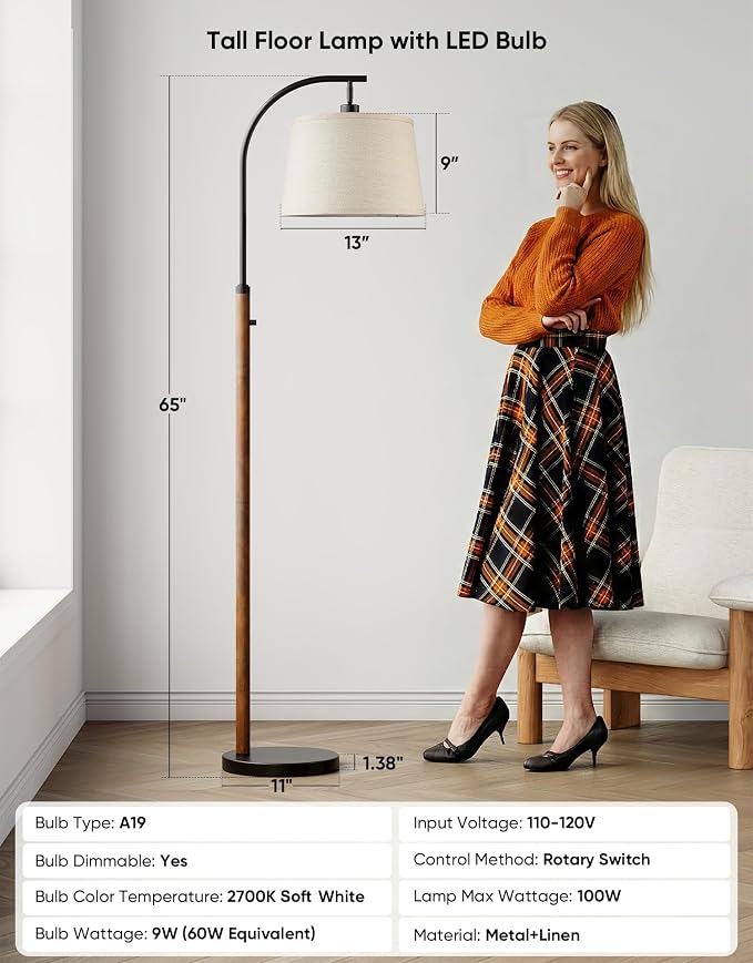 Dimmable Floor Lamp for Living Room, 65" Tall Metal Standing Lamp with LED Bulb, Mid Century Modern Arc Floor Lamp with Linen Shade for Bedroom, Reading Room, Office & Nursery, Black and Rustic Brown