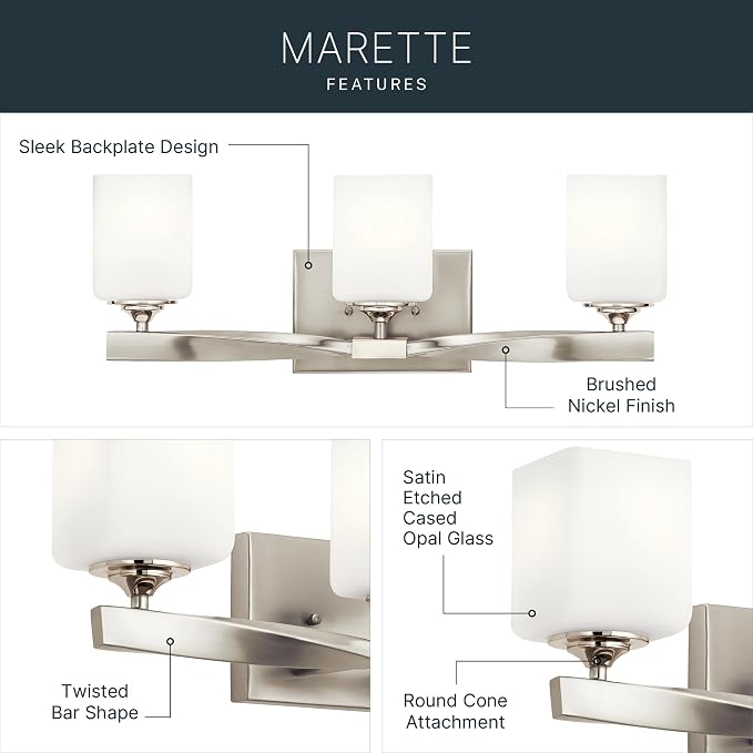 Kichler Marette 3-Light Bathroom Vanity Light, Brushed Nickel
