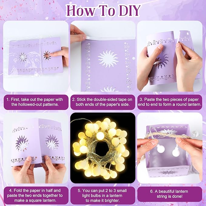 20 Pack Princess Sun Hanging Lanterns with LED Light Purple Princess Hanging Paper Lanterns DIY Set Sun Cutout Square Round Decorations for Photo Props Birthday Party(Purple)
